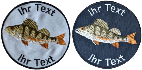 Barsch Angler Fischer Aufnäher m Wunschtext Verein Patch 8cm (616-1) weiß