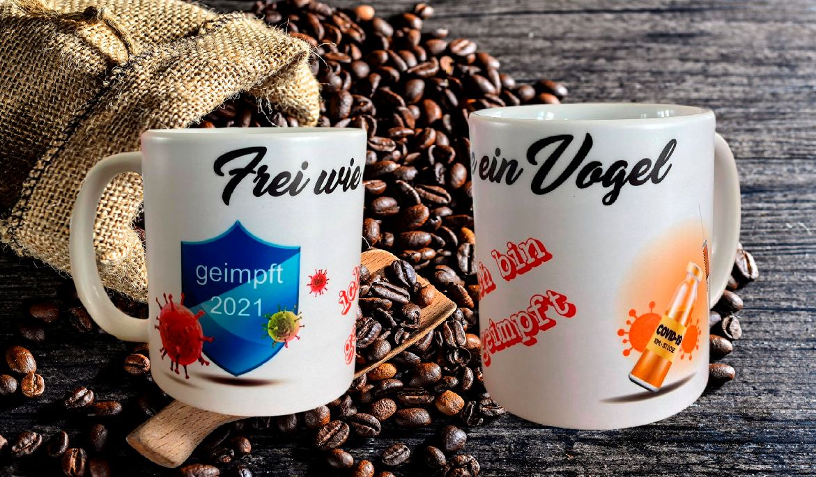 Fun Kaffeetasse Ich bin geimpft -Frei wie ein Vogel T16