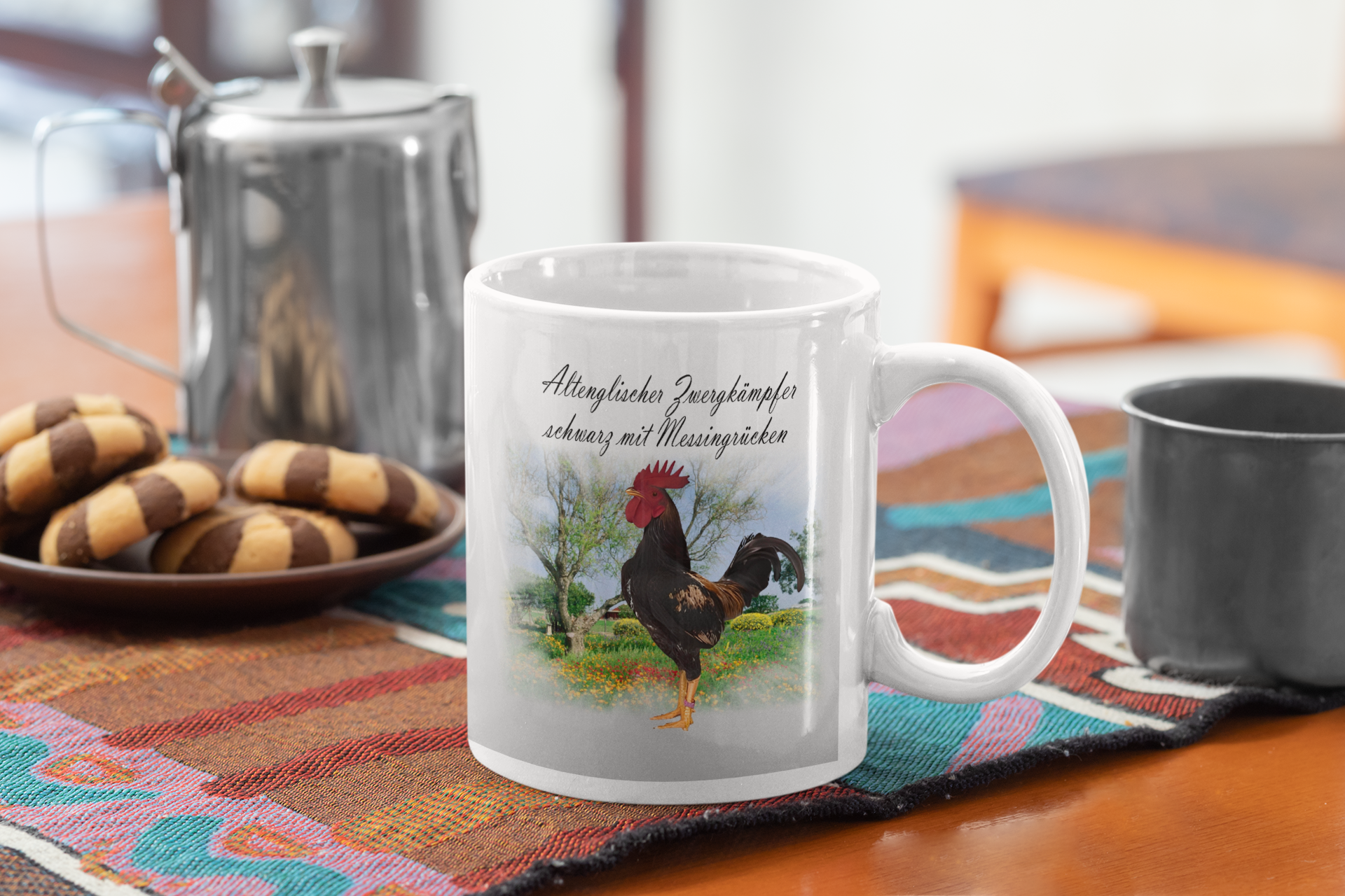 Kaffeetasse Tasse Hühner Altenglischer Zwergkämpfer schwarz Messingrücken T35